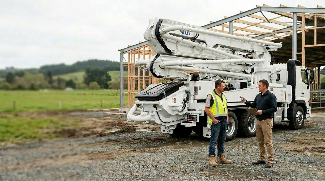 Concrete boom pump truck on a New Zealand rural dairy shed build, with Shaun discussing the machine with the owner
